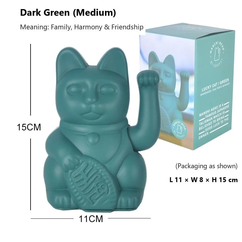 Maneki Neko lucky cat figurine in Emerald Green, front view; image text Dark Green