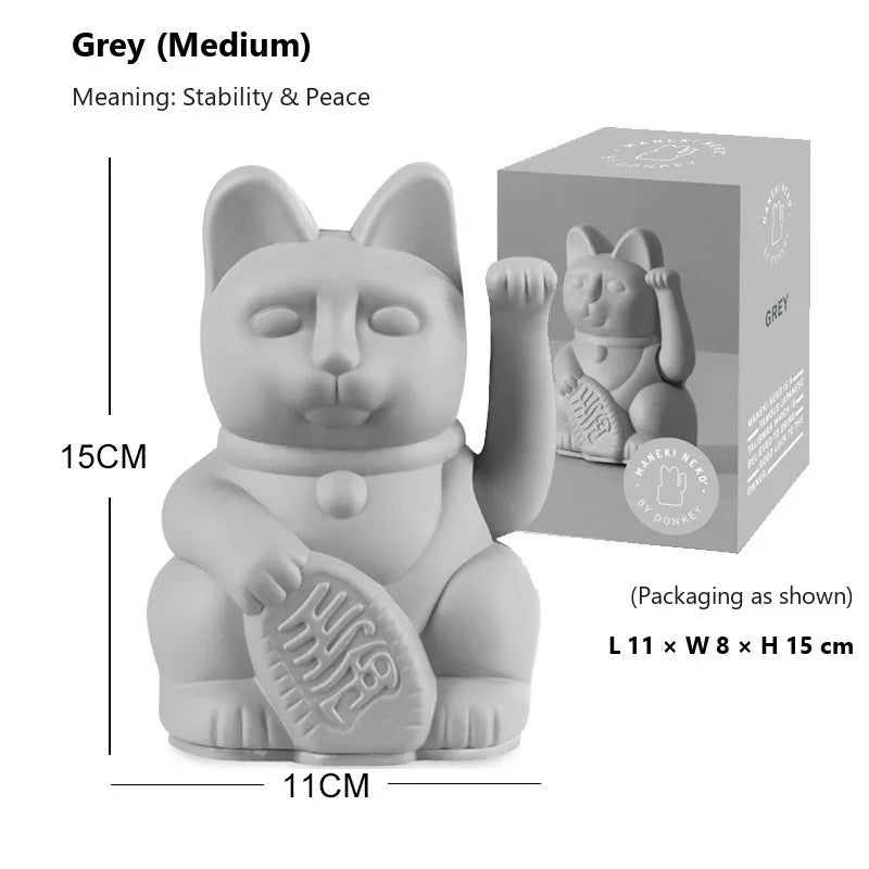 Maneki Neko lucky cat figurine in Gray, front view