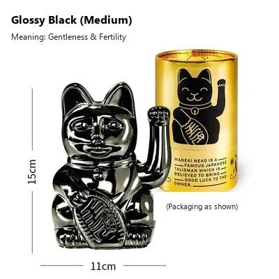 Maneki Neko lucky cat figurine in Electroplated Black, front view